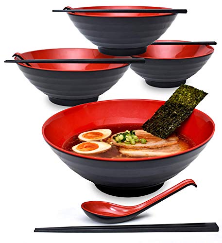 4 juegos (12 piezas) de 51 Onzas de Tazones Grandes para Sopa de Fideos de Ramen Japonés Cuencos de Melamina de Plástico Duro (4, Negro, 8.6 Pulgadas)