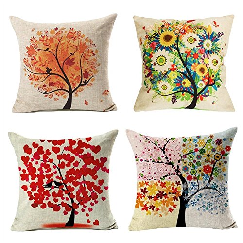 4 Pack Colorido Otoño Flor Árbol de Algodón de Lino Throw Pillow Case Funda de Almohada para cojín 45x45 cm, Gspirit