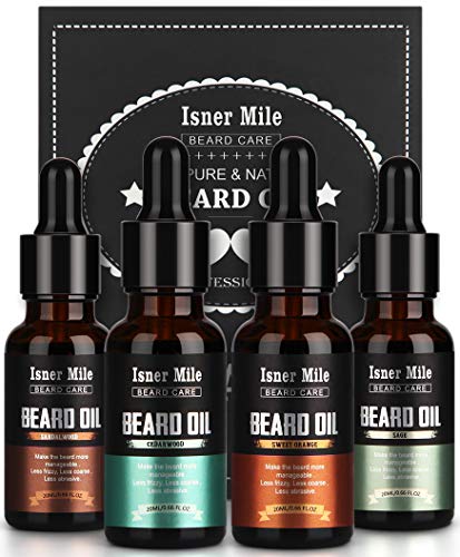 4 Paquetes Aceite Barba, Kit Acondicionador Sin Enjuague, Madera de Cedro, Sándalo, Salvia, Naranja Dulce Para Hombres Bigotes Crecimiento, Suavidad, Hidratación, Regalos Perfectos Para Papá