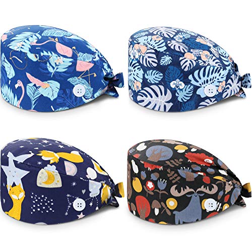 4 Paquetes Gorros Quirúrgicos Gorro Turbante Estampado Gorro Matorrales Bouffant de Pelo Ajustable Gorro Médico Unisex con Banda de Sudor para Belleza Trabajador Cuidado Personal