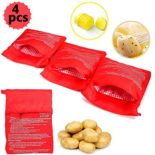 4 PCS Bolsa para Patatas en Microondas, Lavable Reutilizable Bolsa de Patata de Microondas Bolsa de Cocina Perfecto Patatas Sólo en 4 Minutos (Rojo, 24x 19 x 2 cm)