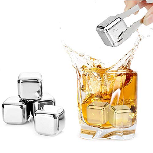 4 PCS Cubitos de Hielo Reutilizables de Acero Inoxidable, Piedra de Whisky, Set de Regalo con Pinzas de Piedra de Hielo para Enfriar Rápidamente Whisky, Vino, Ginebra, Tónico y Cócteles