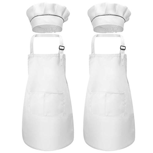 4 Piezas Blanco Niños Delantal y Gorro de Cocinero, Infantil Delantal con 2 Bolsillos para Niñas, Ajustable Niñito Delantales de Cocina Chef para Cocinar Hornear Pintura Artesanía (7-13 Años)