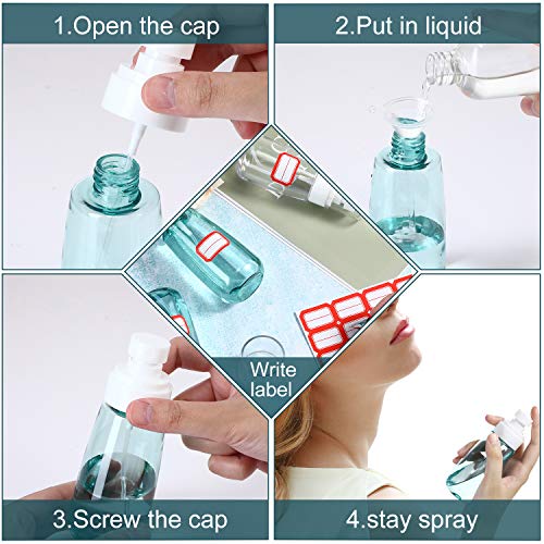 4 Piezas Botellas de Spray de Tamaño de Viaje, Botella de Spray de Niebla Fina de 60 ml/ 2 oz y 100 ml/ 3,4 oz Contenedores Recargables Transparentes Vacíos Sin Aire con 2 Embudos y 8 Etiquetas