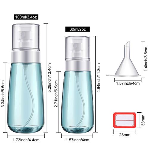 4 Piezas Botellas de Spray de Tamaño de Viaje, Botella de Spray de Niebla Fina de 60 ml/ 2 oz y 100 ml/ 3,4 oz Contenedores Recargables Transparentes Vacíos Sin Aire con 2 Embudos y 8 Etiquetas