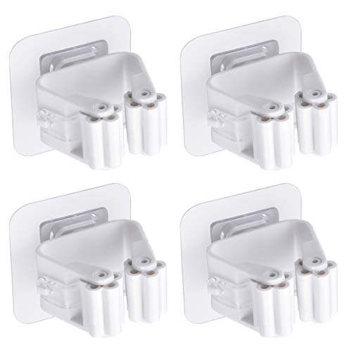 4 Piezas Colgador Escoba Pared, Adhesivos Soporte Fregonas sin Perforar, Ajustable Colgador de Escobas, Organizador para Herraminetas Limpias en Hogar Restaurante Cocina Baño e garaje, Blanco