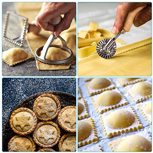 4 Piezas Cortadores de Raviolis, Moldes y Rodillo para Cortar Raviolis, Moldeador de Ravioles con Mango Madera, para Hacer Raviolis, Empanadillas o Galletas