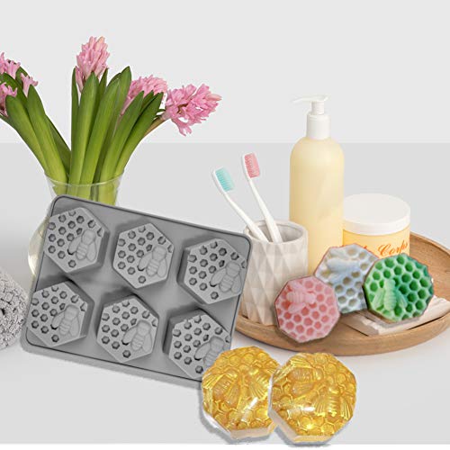 4 piezas Moldes de jabón de silicona, CNYMANY 3D Forma de panal de abeja Molde de muffin Pastelería de cocina Bandeja para hornear para pastel de velas Jello Bath Bomb Candy Cupcake - Gris