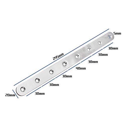 4 Piezas Placa Union Soportes Planos 245mm x 20mm x 3mm Placas de Fijación de Metal Plano Pletina Acero Inoxidable Soportes de Esquina Recto Unión para Madera Bricolaje con 32Piezas Tornillos