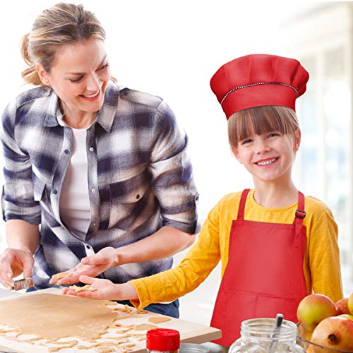 4 Piezas Rojo Niños Delantal y Gorro de Cocinero, Infantil Delantal con 2 Bolsillos para Niñas, Ajustable Niñito Delantales de Cocina Chef para Cocinar Hornear Pintura Artesanía (7-13 Años)