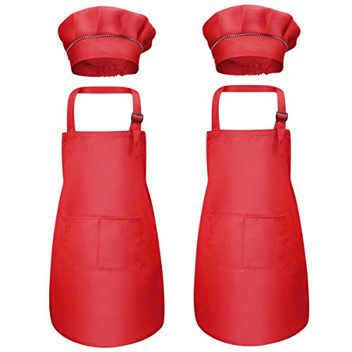 4 Piezas Rojo Niños Delantal y Gorro de Cocinero, Infantil Delantal con 2 Bolsillos para Niñas, Ajustable Niñito Delantales de Cocina Chef para Cocinar Hornear Pintura Artesanía (7-13 Años)