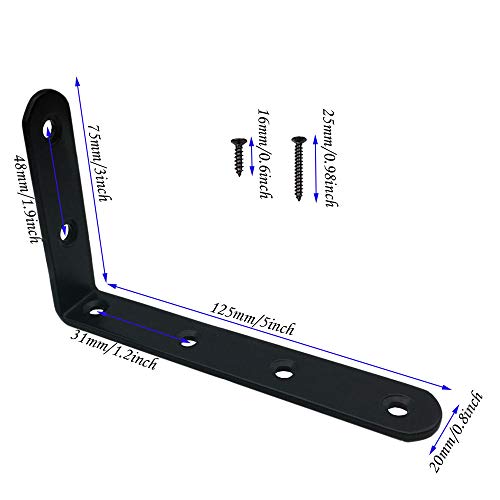 4 Piezas Soporte Estanteria FUJIE 90 Grado forma de L Soporte de ángulo Esquina Soporte de Acero Inoxidable para Estante de Carga Pared Colgantes con Tornillos - Negro, 125 x 75 x 20 mm