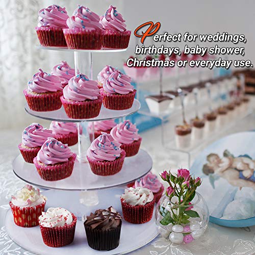 4-Tier Soporte Cupcakes (12'' 10'' 8'' 6'') - Redondo Transparente Acrílico - Fuerte y Duradero - para Tartas Postres Muffins| Cupcake Stand para Fiestas, Bodas, Cumpleaños.