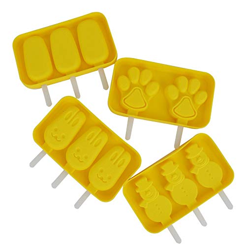 4 Unids DIY Silicona Popsicle Lindo Molde Fabricante de Helados Molde Bandeja de Cubitos de Hielo # Mu?Eco de Nieve // Huellas // Conejos // Moldes de paletas ovalados(Amarillo)