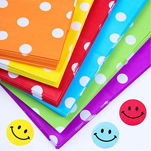 40 Piezas de Papel Bolsas de Regalo patrón de Puntos con un Rollo de 100 Pegatinas de Cara Sonriente para los niños Suministros Fiesta de cumpleaños, 8 Colores