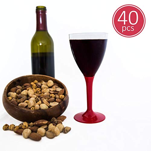 40 x Copas de vino desechable de plástico, 40 unidades | Sin BPA, robusta y con un elegante aspecto de cristal | Tallo rojo