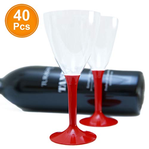 40 x Copas de vino desechable de plástico, 40 unidades | Sin BPA, robusta y con un elegante aspecto de cristal | Tallo rojo