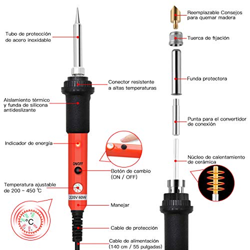 45pcs Kit Pirograbador de Madera,Preciva Kit Pirograbdores Electrico 60W Temperatura Regulable entre 200° C y 450° C, Soldador Pirografo Profesional para Madera, Cuero, Grabado