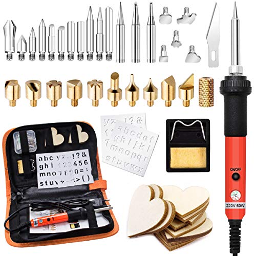 45pcs Kit Pirograbador de Madera,Preciva Kit Pirograbdores Electrico 60W Temperatura Regulable entre 200° C y 450° C, Soldador Pirografo Profesional para Madera, Cuero, Grabado