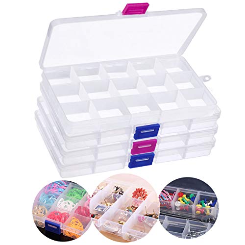 4pcs Caja de Almacenamiento con Compartimentos, 60 Rejillas Desmontables Caja Almacenamiento de Cuentas, Cajas Organizadoras de Aretes Plástico para Coser Artesanías de Joyería (17,5 x 10 x 2,5 cm)