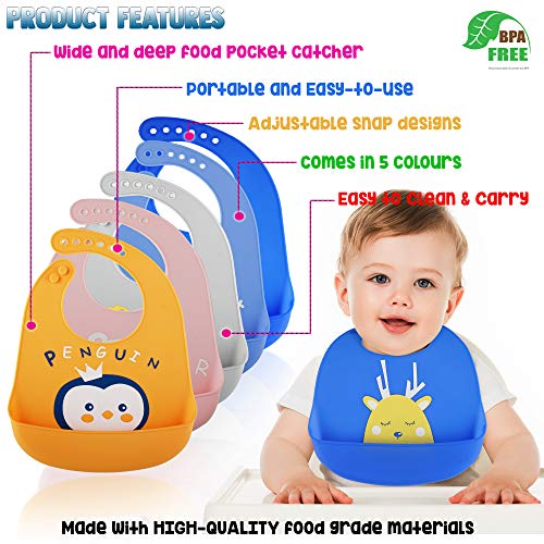 5 Baberos Blando de Silicona para Bebés Impermeable, 5 Colores - Ajustable, Flexible y Fácil de Limpiar| Sin BPA - Baby Bib Destete para Unisex, Niñas y Niños,| Regalo de Baby Shower Navidad Ideal.