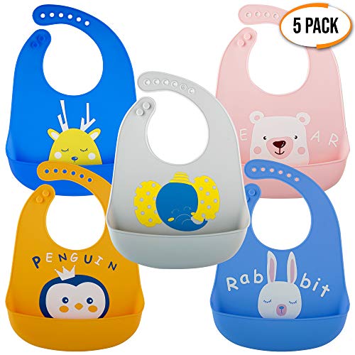 5 Baberos Blando de Silicona para Bebés Impermeable, 5 Colores - Ajustable, Flexible y Fácil de Limpiar| Sin BPA - Baby Bib Destete para Unisex, Niñas y Niños,| Regalo de Baby Shower Navidad Ideal.