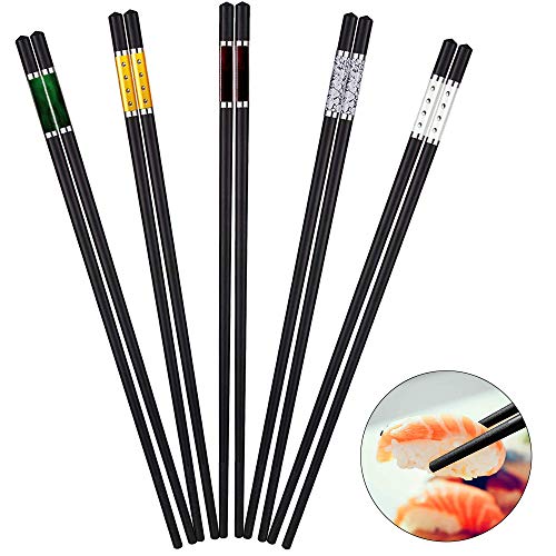 5 pares de palillos de fibra de vidrio, palillos japoneses de aleación reutilizables, color negro, palillos de sushi de calidad, aptos para lavavajillas con diseño antideslizante (5 colores)