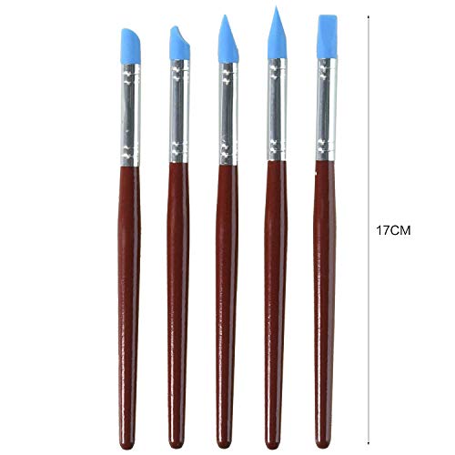 5 pinceles de silicona para pintar con punta de goma flexible, color azul, mango de madera roja
