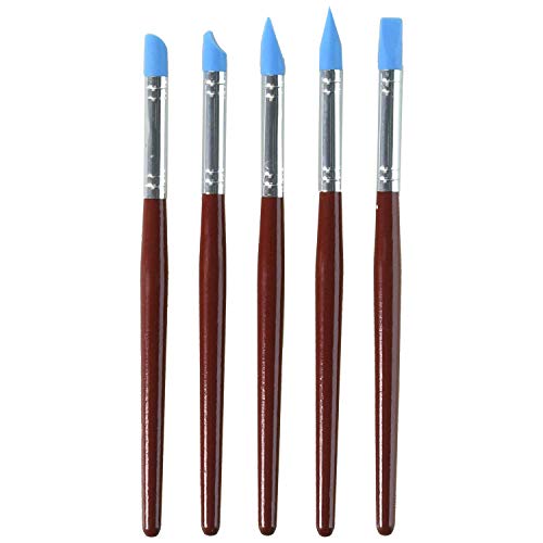 5 pinceles de silicona para pintar con punta de goma flexible, color azul, mango de madera roja