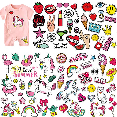 (5 Sets) Niños de hierro en parches, MWOOT Unicornio Dibujos animados Amor Beso Viaje de verano Pegatinas de transferencia de calor para ropa, camisetas, jeans, A-Level Lavable Brithday Party apliques