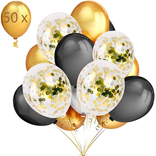 50 Globos Oro y Negro Globos de Confeti Confetti Balloon. Globo Transparente con Confeti Dorado para Fiesta de Cumpleaños, Graduacion y Año Nuevo