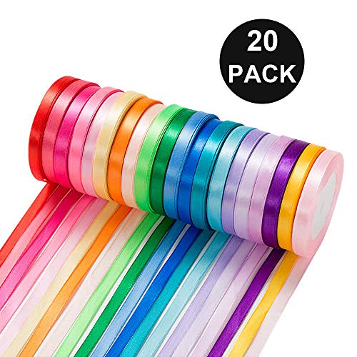 500 yardas Cinta de Raso, 20 Pack Colores Cinta de Raso Mezcla Rollo para Envolver Regalos, Decoración, Decoración Navideña