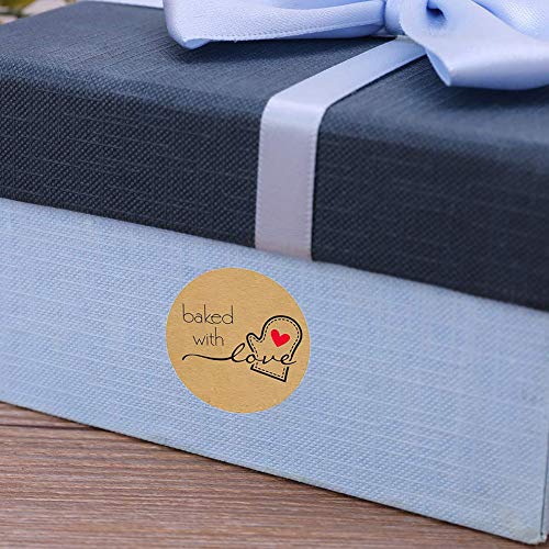 500pcs Pegatinas Etiqueta Adhesiva Pegatina Rollo, redondas, Kraft Baked with Love Handmade Stickers Labels Roll para Sello Scrapbooking Regalo Bolsa Recuerdo Boda Fiesta Aniversario Cumpleaños