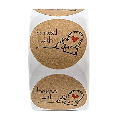 500pcs Pegatinas Etiqueta Adhesiva Pegatina Rollo, redondas, Kraft Baked with Love Handmade Stickers Labels Roll para Sello Scrapbooking Regalo Bolsa Recuerdo Boda Fiesta Aniversario Cumpleaños