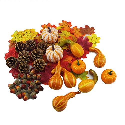 50/166 Piezas Calabazas Artificiales Decoracion otoño, Mini Calabazas, Conos de Pino, Hojas, bellotas y Bayas Kit de decoración de otoño Decoración de Fiesta de Halloween acción Gracias (166 Piezas)