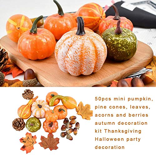 50/166 Piezas Calabazas Artificiales Decoracion otoño, Mini Calabazas, Conos de Pino, Hojas, bellotas y Bayas Kit de decoración de otoño Decoración de Fiesta de Halloween acción Gracias (50 Piezas)