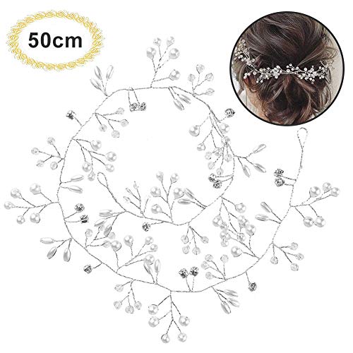 50cm Diadema Novia Boda, Tocados de Pelo Novia Diadema Cristal con Perlas Bridal Hair Vine Joyas para el Cabello, Adornos para el Pelo Tocado Plata Novias Accesorios para Boda Fiesta Velada