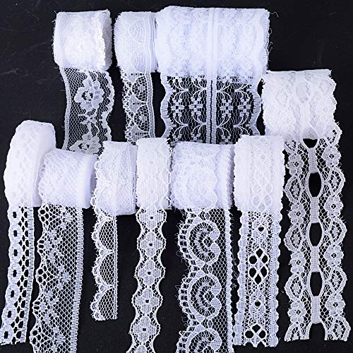 (50m) 10Rollos Encaje Cinta Blanco Boda Decoración Manualidades Bricolaje DIY Costura (5m/rollo)