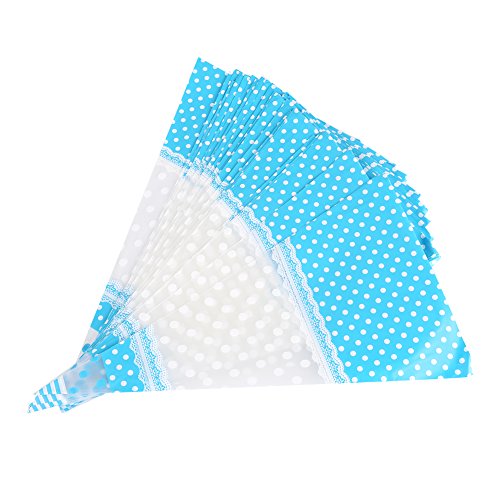 50Pcs Bolsas transparentes de celofán a granel, Bolsas de palomitas en forma de cono Bolsas de caramelo tratables de celofán resellables con lazo de torcedura(azul)