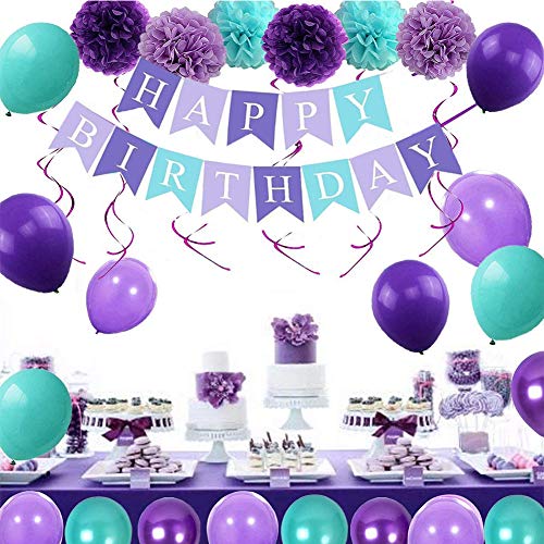 54 pcs Decoraciones Cumpleaños,Banner de Feliz Cumpleaños, Pompones de Papel, Globos, Garland Banderas Conjunto Home Party Supplies Decoración para Niñas, Niños