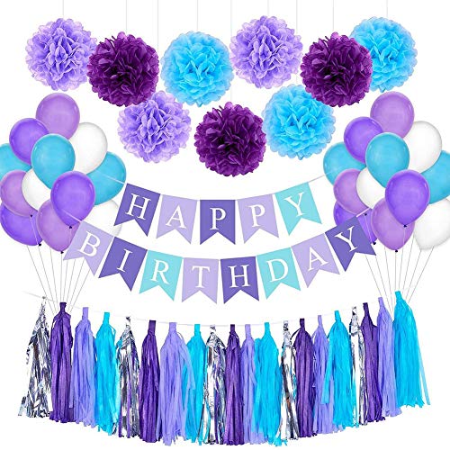 54 pcs Decoraciones Cumpleaños,Banner de Feliz Cumpleaños, Pompones de Papel, Globos, Garland Banderas Conjunto Home Party Supplies Decoración para Niñas, Niños