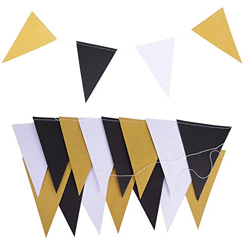 5M 30pcs Banderas Guirnaldas Papel Triángulo Negro Blanco Dorado Multicolor para Decoración Colgante de Fiesta Boda Cumpleaños Hogar Arbol (2 cadena * 2,5M) (Negro Blanco Dorado)