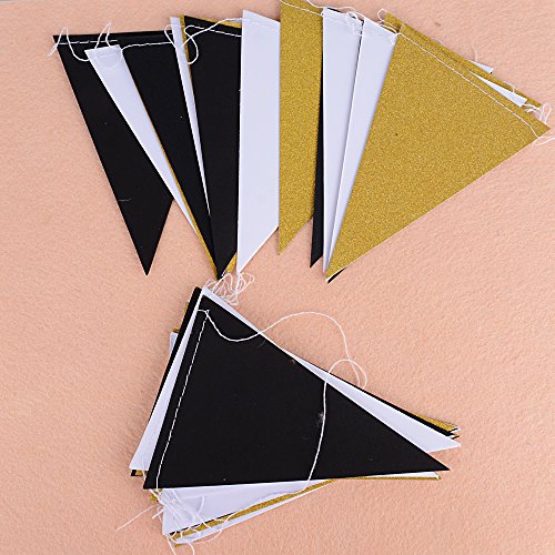 5M 30pcs Banderas Guirnaldas Papel Triángulo Negro Blanco Dorado Multicolor para Decoración Colgante de Fiesta Boda Cumpleaños Hogar Arbol (2 cadena * 2,5M) (Negro Blanco Dorado)