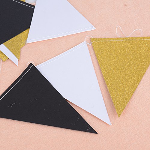 5M 30pcs Banderas Guirnaldas Papel Triángulo Negro Blanco Dorado Multicolor para Decoración Colgante de Fiesta Boda Cumpleaños Hogar Arbol (2 cadena * 2,5M) (Negro Blanco Dorado)