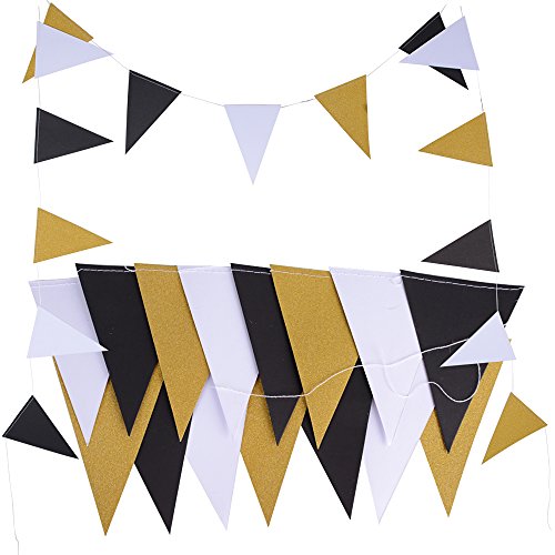 5M 30pcs Banderas Guirnaldas Papel Triángulo Negro Blanco Dorado Multicolor para Decoración Colgante de Fiesta Boda Cumpleaños Hogar Arbol (2 cadena * 2,5M) (Negro Blanco Dorado)