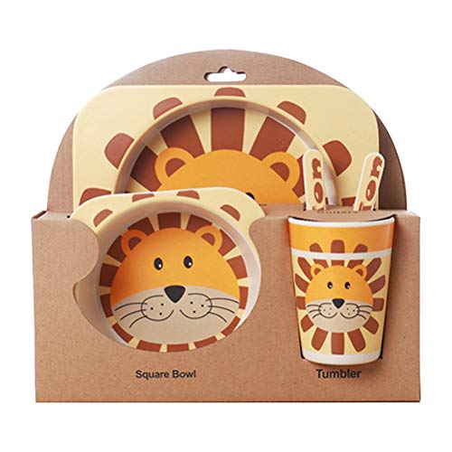 5pcs / Set Vajilla Niños,GZQ,Juegos de vajilla Animal para comer,cubiertos y tazon Fibra de bambú Natural bebé e Infantil (León)