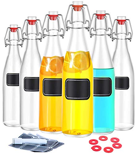 6 Botellas de Vidrio con Tapa abatible de 250 ml - 6 Sellos adicionales Incluyendo 12 Etiquetas con bolígrafo