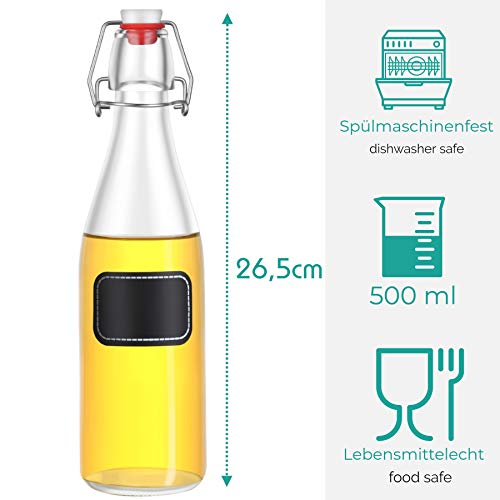 6 botellas de vidrio con tapa abatible de 500 ml - 6 sellos adicionales y 12 etiquetas con bolígrafo