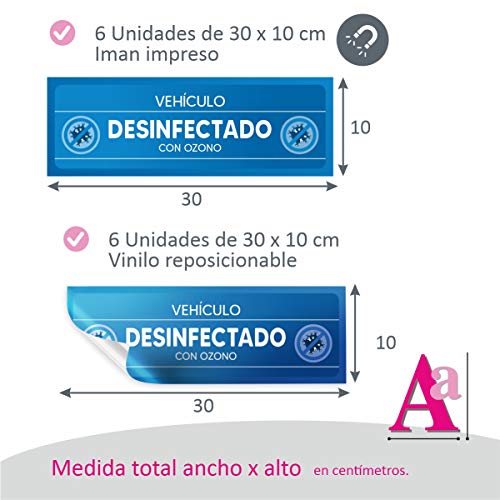 6 IMANES + 6 VINILOS VEHÍCULO DESINFECTADO CON OZONO. Reutilizables, superresistentes, lavables, con lámina de protección acabado mate.