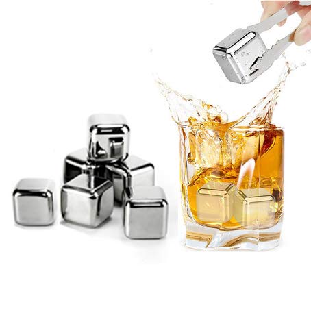 6 PCS Cubitos de Hielo Reutilizables de Acero Inoxidable, Piedra de Whisky, Set de Regalo con Pinzas de Piedra de Hielo para Enfriar Rápidamente Whisky, Vino, Ginebra, Tónico y Cócteles